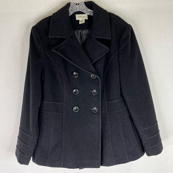 St John’s Bay Pea Coat Women’s L Black Cashmere Wool Nylon Double Breasted - Picture 2 of 11